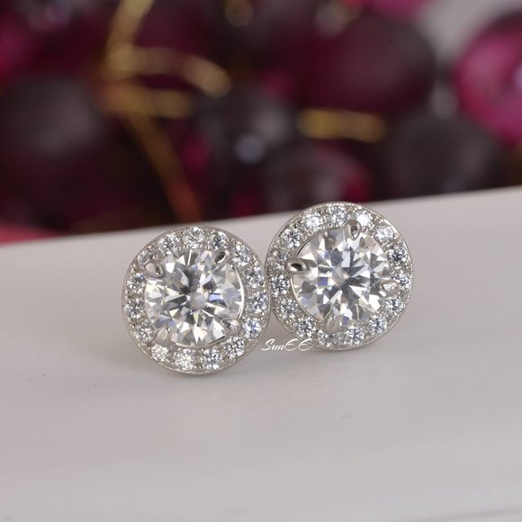 GRA Certified 2ctw Halo Round Cut Moissanite Stud Earrings NEW - Picture 2 of 13